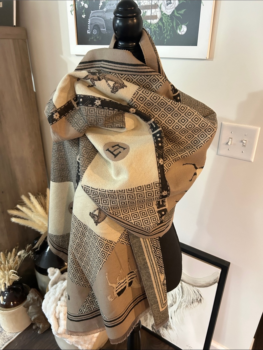 Beige and Black Decorative Home Throw Scarf
